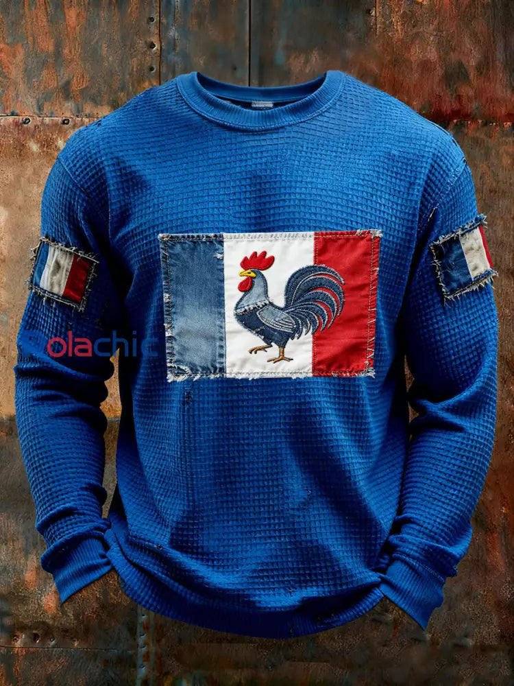 T-shirt à manches longues Drapeau Français Le Coq Gaulois pour homme Bleu / S