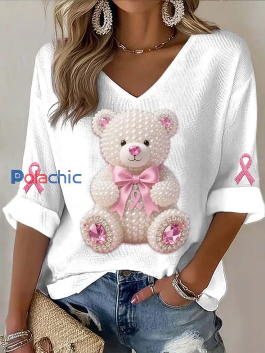 T shirt à manches longues en coton décontracté imprimé abstrait perles Ours Cancer du sein Vintage rose / S