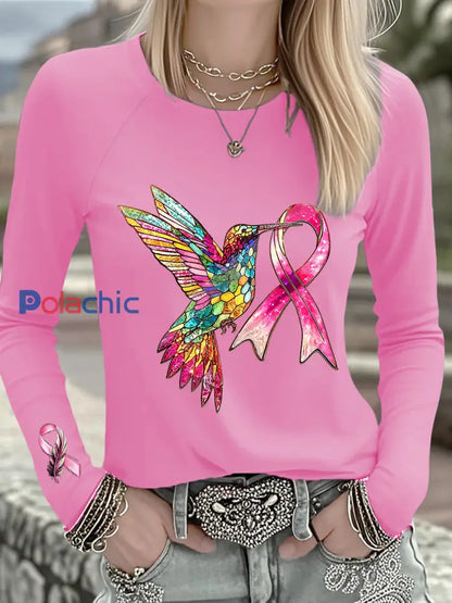 T shirt à manches longues femme avec ruban rose Colibri cancer du sein Rose / S