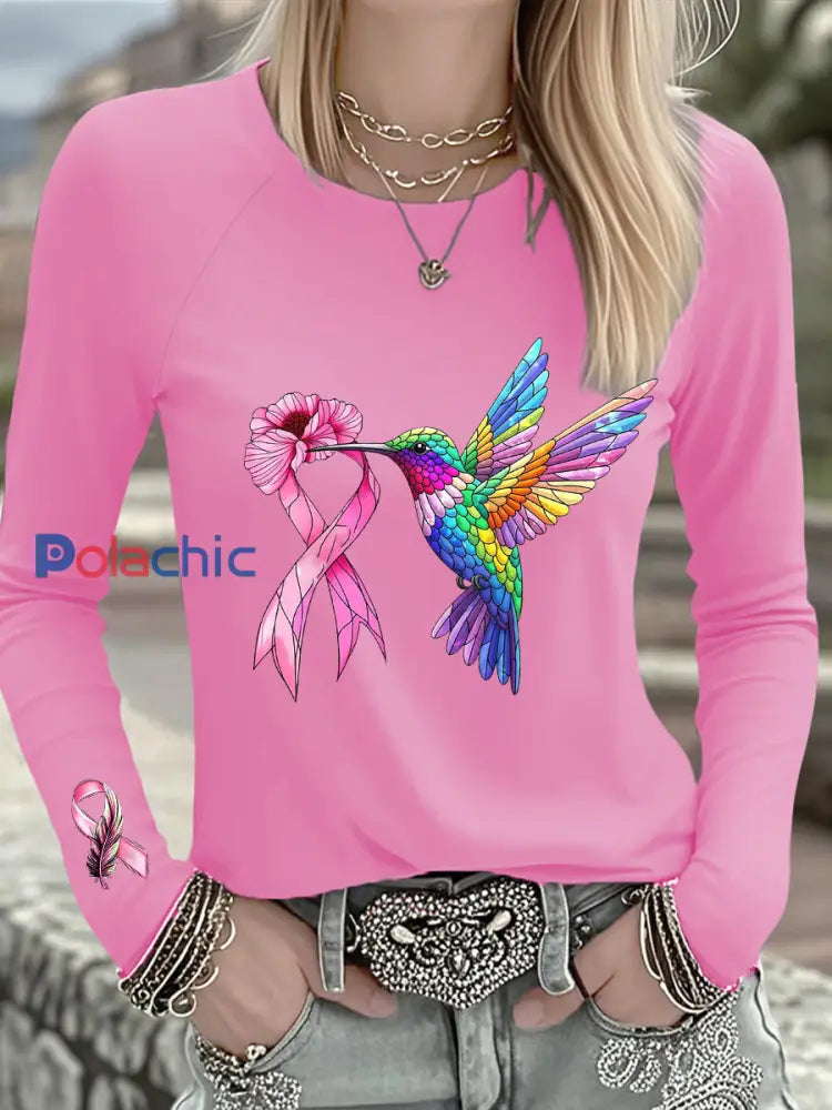T shirt à manches longues femme avec ruban rose Colibri cancer du sein Rose / S