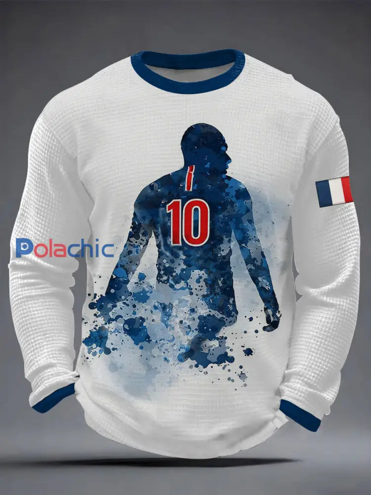 T-shirt à manches longues France Soccer Print Waffle pour homme Blanc / S