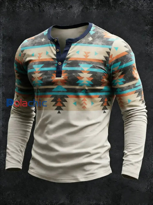 T-shirt à manches longues Henley Vintage Western Aztec Geometric Pattern pour homme comme image / S