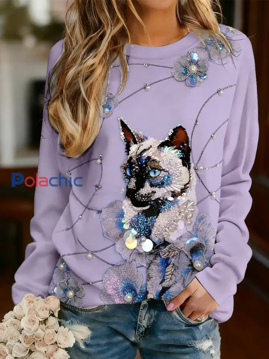 T-shirt à manches longues à imprimé floral à paillettes pour femmes Violet / S