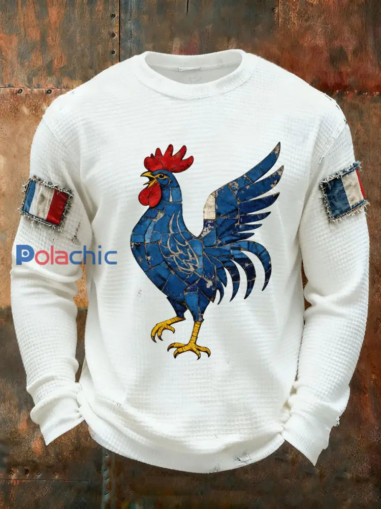 T-shirt à manches longues imprimé gaufré France Le Coq Gaulois pour homme Blanc / S