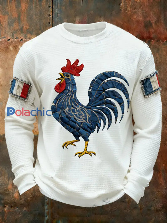 T-shirt à manches longues imprimé gaufré France Le Coq Gaulois pour homme Blanc / S