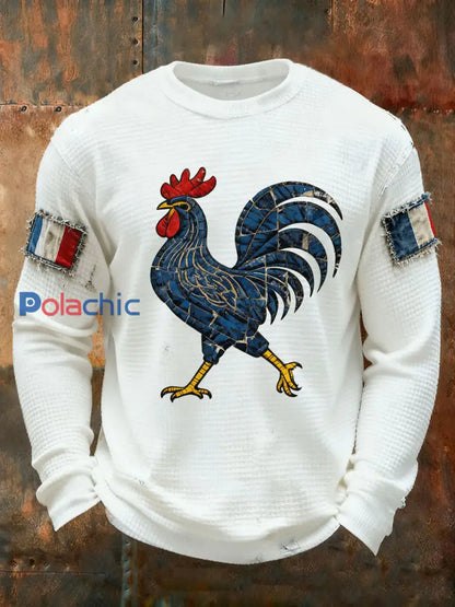 T-shirt à manches longues imprimé gaufré France Le Coq Gaulois pour homme Blanc / S