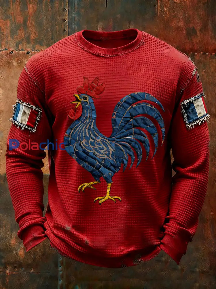T-shirt à manches longues imprimé gaufré France Le Coq Gaulois pour homme Rouge / S
