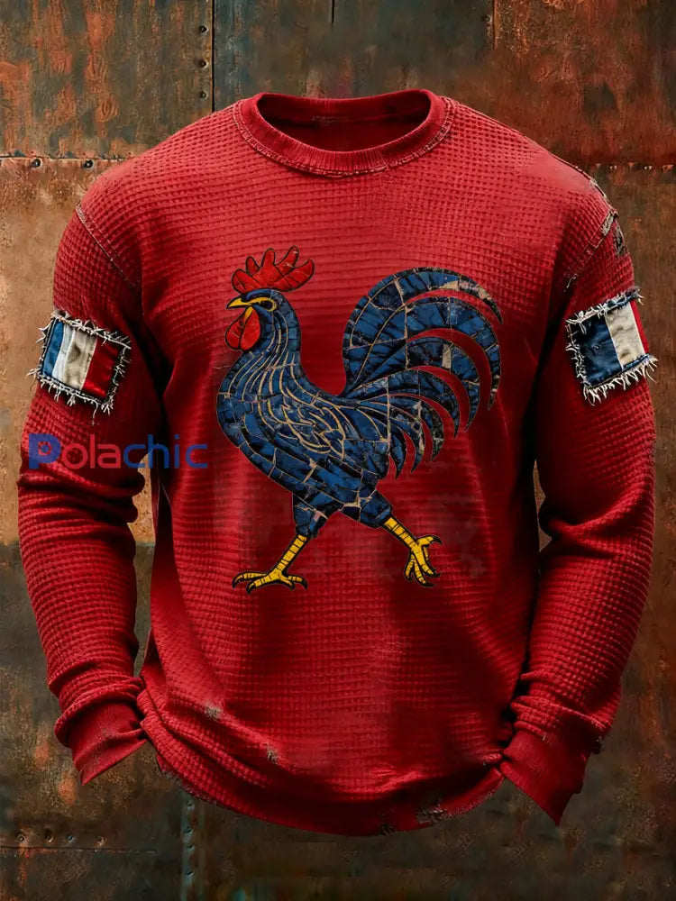 T-shirt à manches longues imprimé gaufré France Le Coq Gaulois pour homme Rouge / S