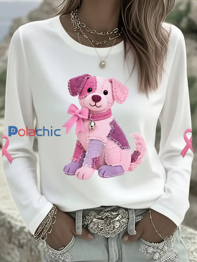 T-shirt à manches longues pour femmes Rose Chien Rose Ruban Soutien Sensibilisation au Cancer du Sein Blanc / S