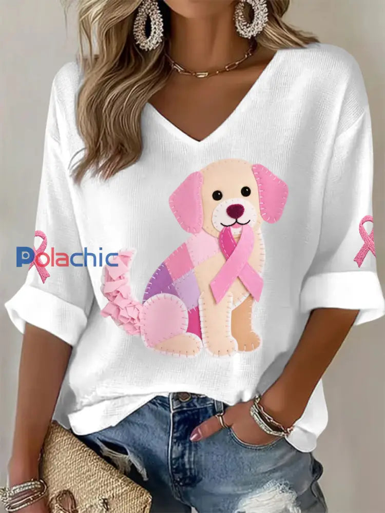 T shirt à manches longues pour femmes Rose Chien Rose Ruban Soutien Sensibilisation au Cancer du Sein Blanc / S
