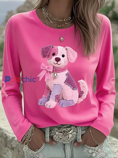 T-shirt à manches longues pour femmes Rose Chien Rose Ruban Soutien Sensibilisation au Cancer du Sein Rose Rouge / S