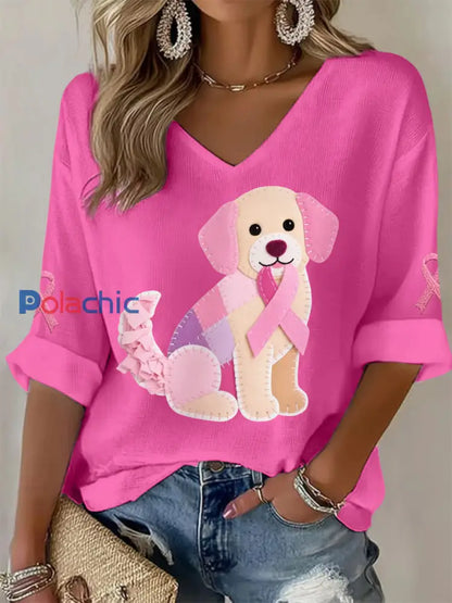 T shirt à manches longues pour femmes Rose Chien Rose Ruban Soutien Sensibilisation au Cancer du Sein Rose Rouge / S