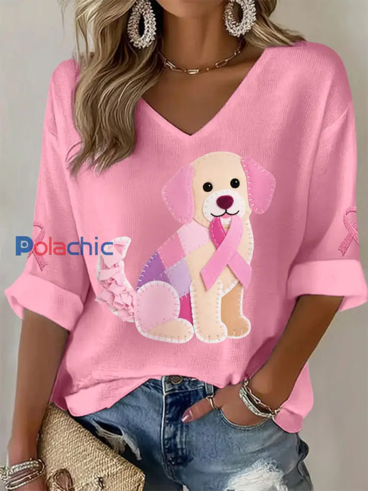 T shirt à manches longues pour femmes Rose Chien Rose Ruban Soutien Sensibilisation au Cancer du Sein Rose / S