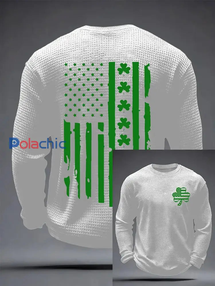 T-shirt à manches longues pour femmes St. Patrick’s Day Shamrock Print Waffle Blanc / S