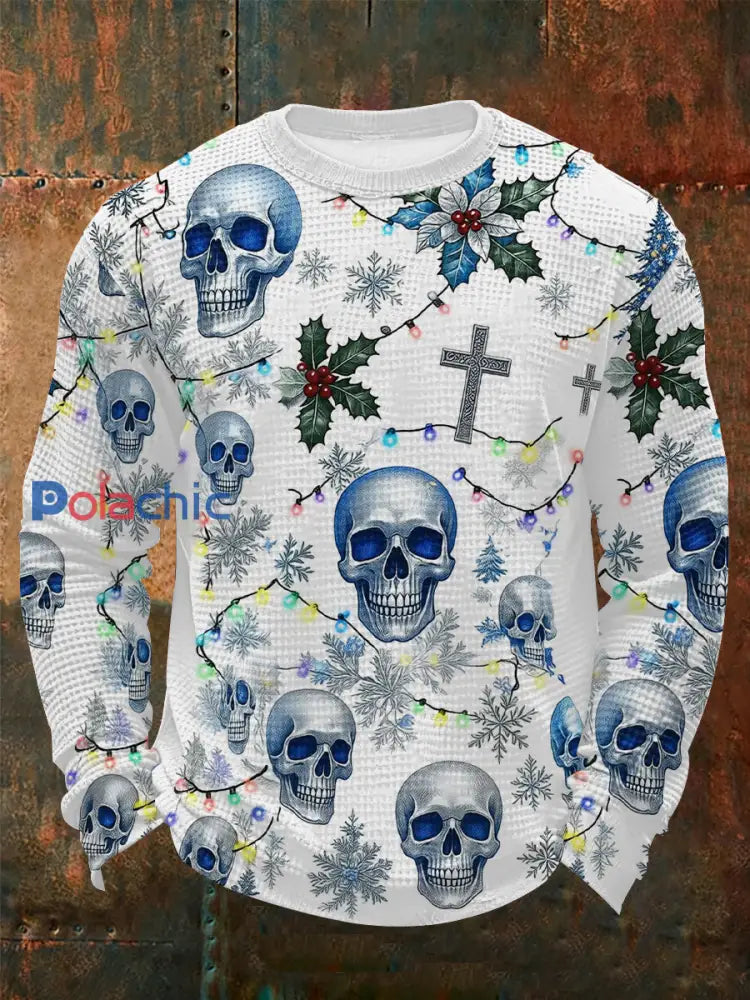 T-shirt à manches longues Vintage Christmas Skull Waffle pour hommes Blanc / S