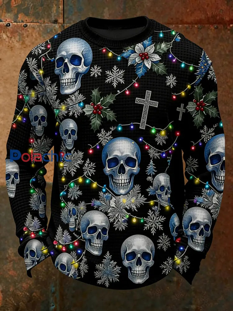 T-shirt à manches longues Vintage Christmas Skull Waffle pour hommes Noir / S
