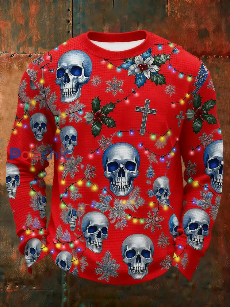 T-shirt à manches longues Vintage Christmas Skull Waffle pour hommes Rouge / S