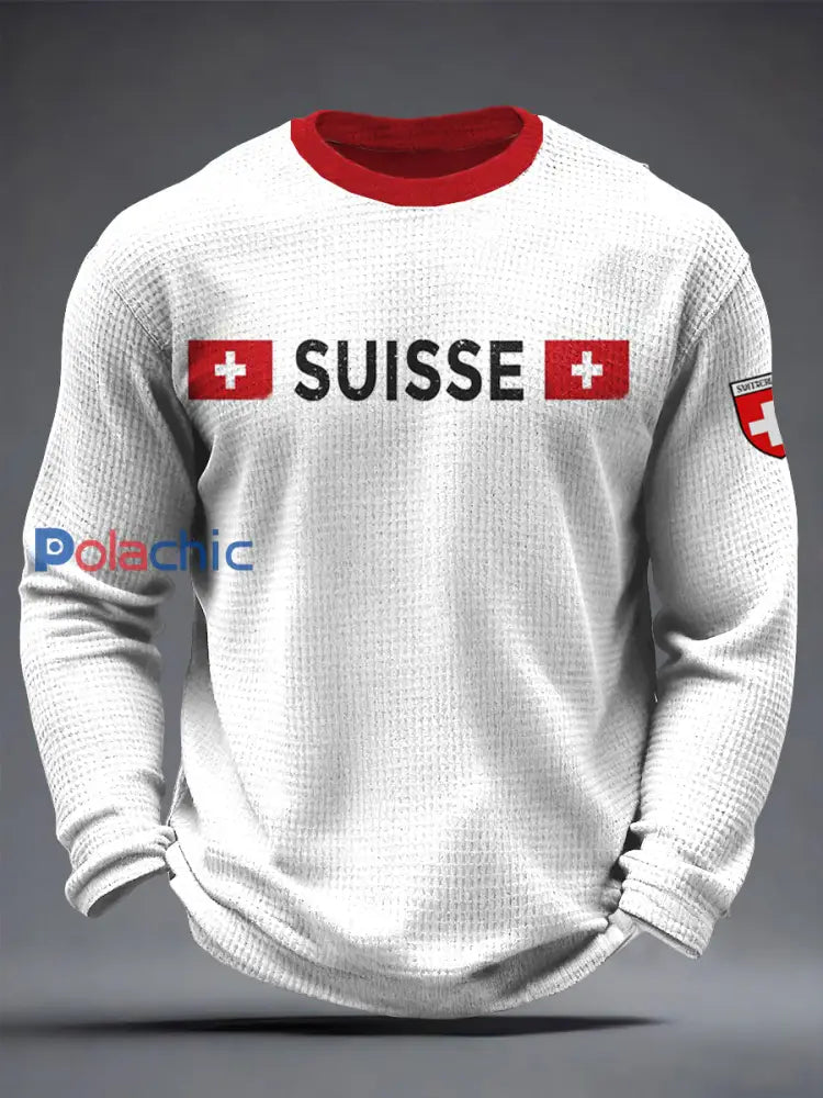 T-shirt à manches longues White Waffle Weave pour homme drapeau suisse Blanc / S