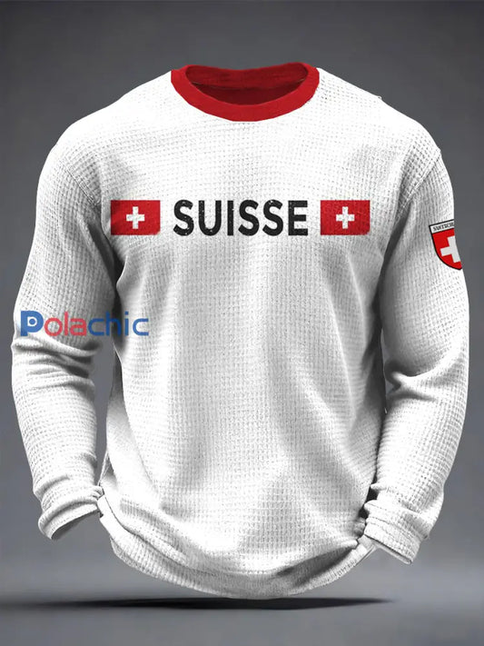 T-shirt à manches longues White Waffle Weave pour homme drapeau suisse Blanc / S