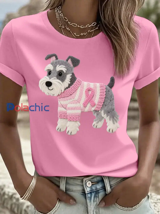 T shirt à motif de chien Schnauzer Art pour femmes Rose / S