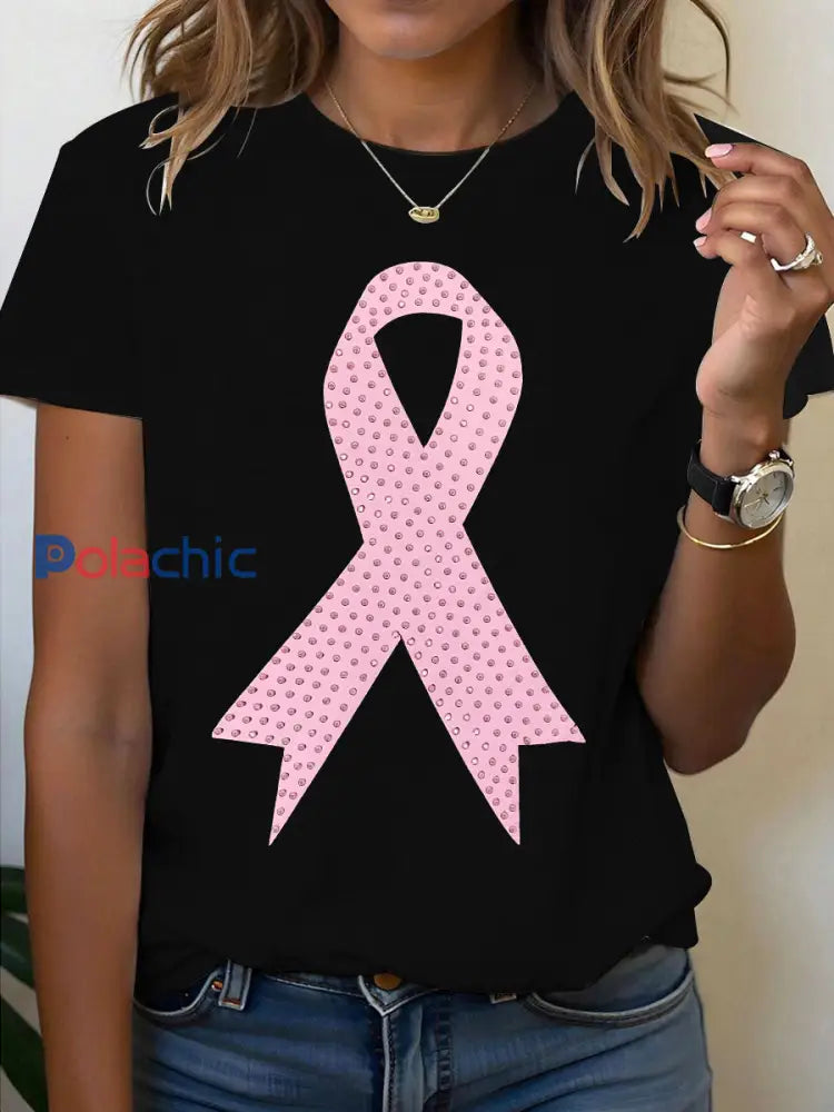 T-shirt à ruban rose pour femmes sensibilisation au cancer du sein Noir / S