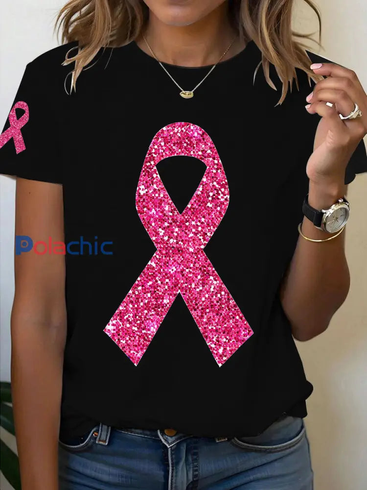 T-shirt à ruban rose pour femmes sensibilisation au cancer du sein Noir / S