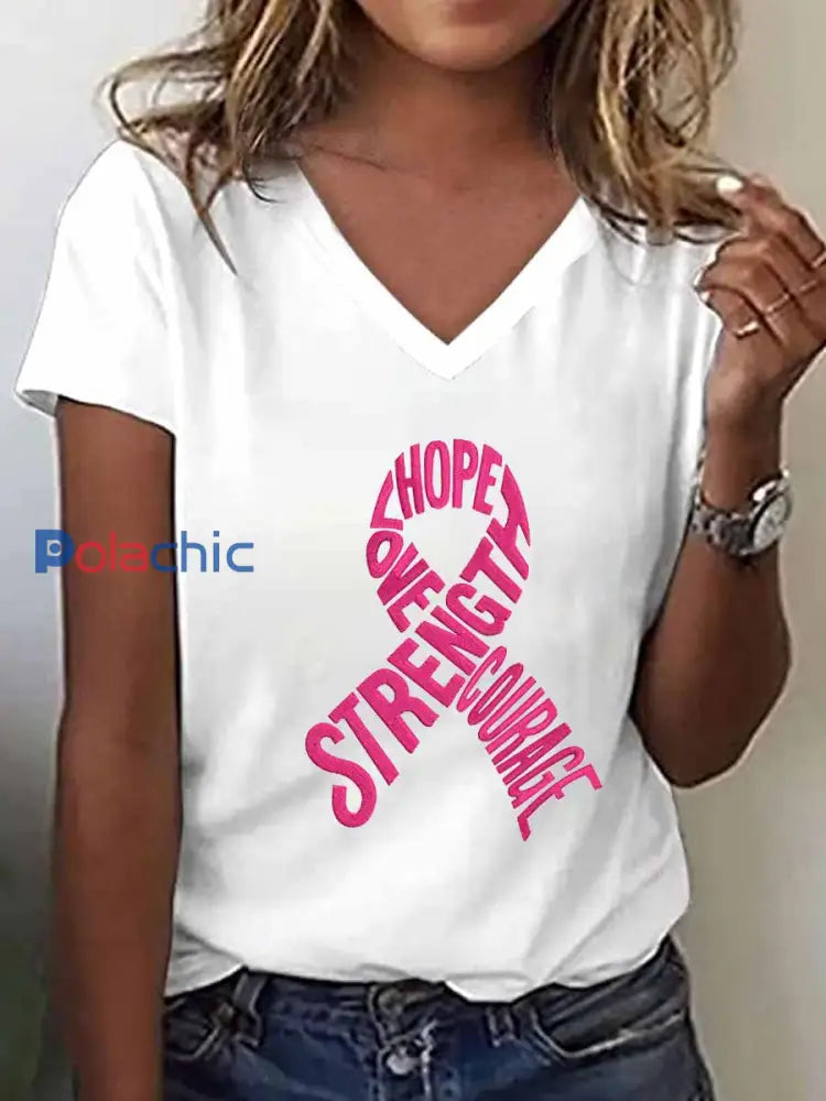 T-shirt brodé à col en V pour femmes sensibilisation au cancer du sein Blanc / S