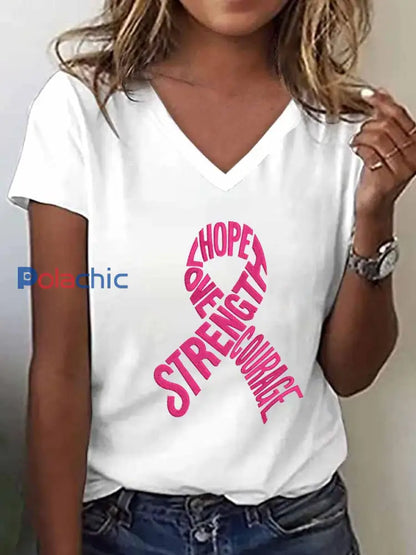 T-shirt brodé à col en V pour femmes sensibilisation au cancer du sein Blanc / S