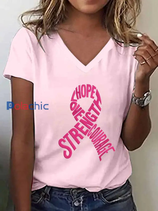 T-shirt brodé à col en V pour femmes sensibilisation au cancer du sein Rose / S