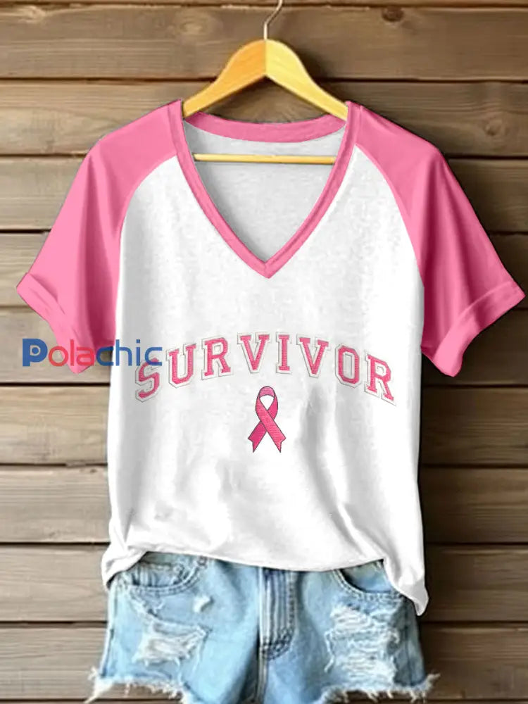 T-shirt brodé de survivant de sensibilisation au cancer du sein pour femmes Rose / S
