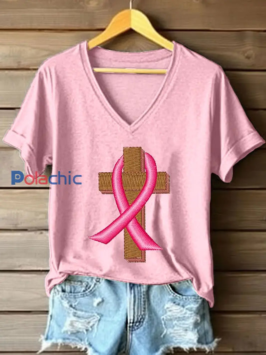T-shirt brodé ruban et croix de sensibilisation au cancer du sein pour femmes Rose / S