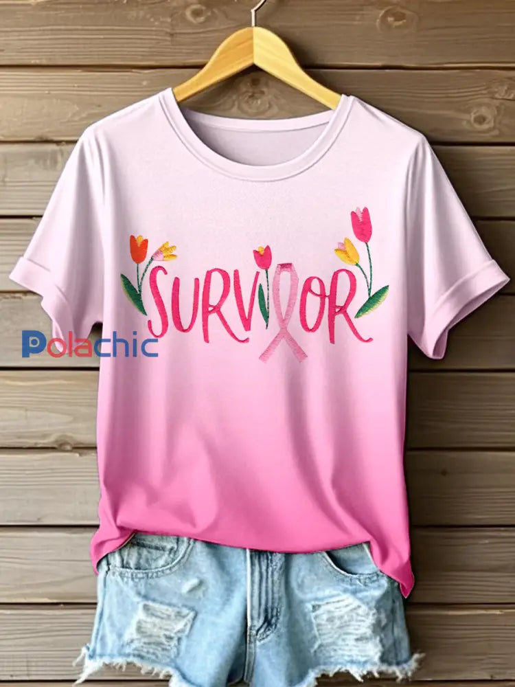 T-shirt brodé Survivor Women’s Breast Cancer Awareness Rose / S