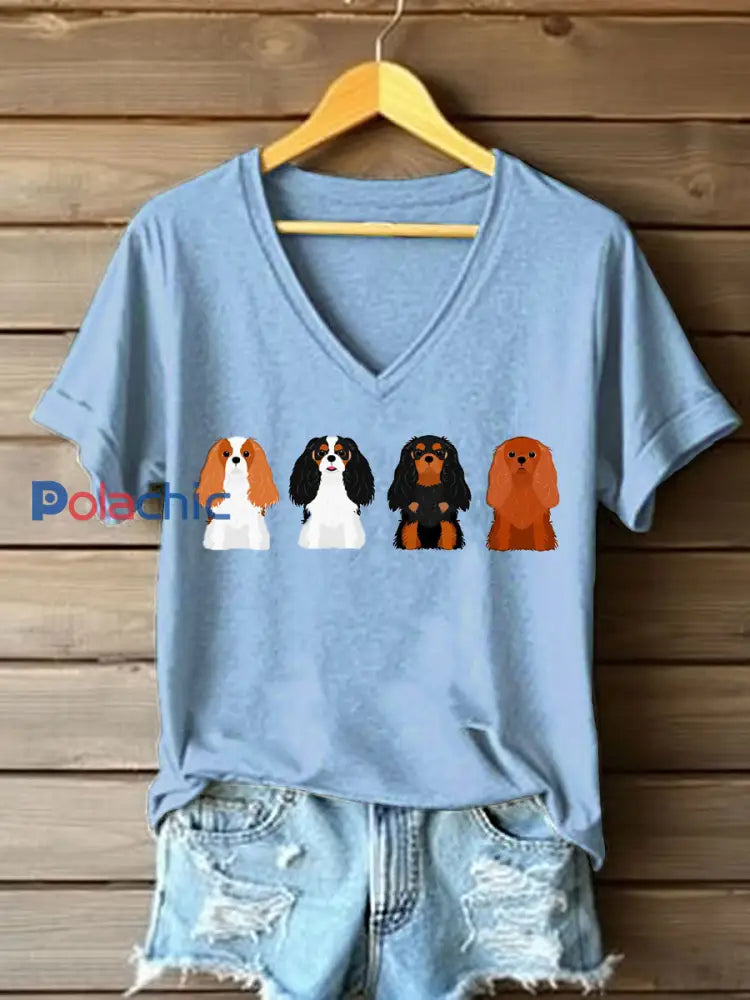T-shirt Cavalier Dog Print à col en V Femme Bleu / S
