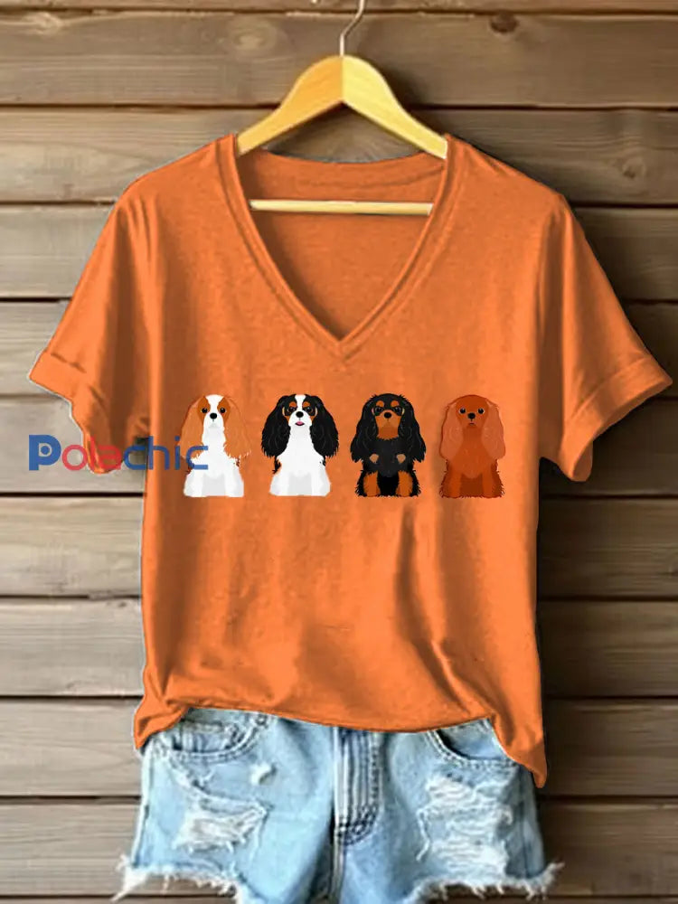 T-shirt Cavalier Dog Print à col en V Femme Orange / S