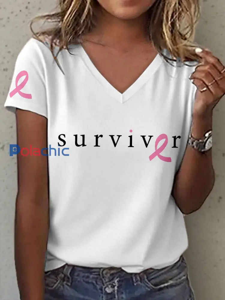 T-shirt col en V imprimé Survivor Women’s Breast Cancer Awareness Blanc / S
