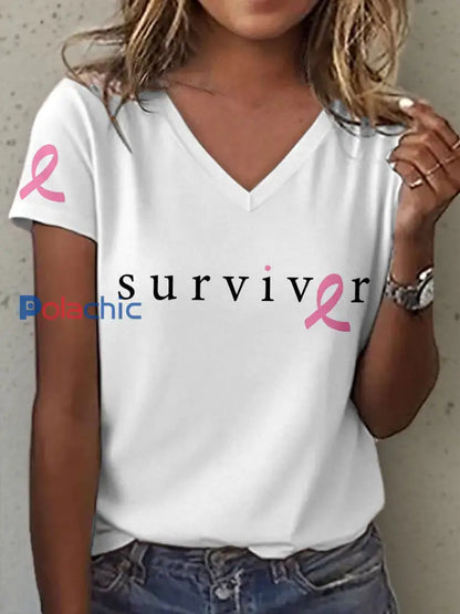 T-shirt col en V imprimé Survivor Women’s Breast Cancer Awareness Blanc / S