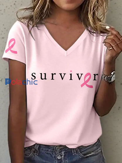 T-shirt col en V imprimé Survivor Women’s Breast Cancer Awareness Rose / S