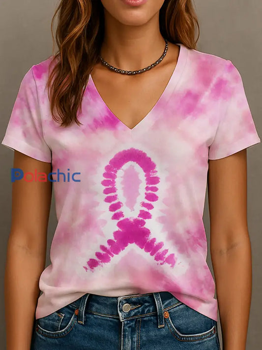 T-shirt col en V ruban rose pour femmes sensibilisation au cancer du sein Rose / S
