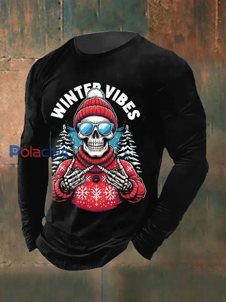 T-shirt col rond à manches longues imprimé crâne de Noël gothique pour hommes Noir / S