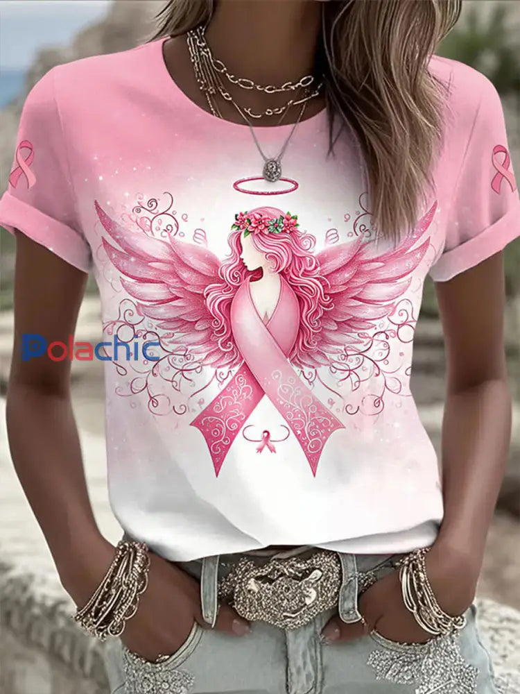 T-shirt col rond imprimé sensibilisation au cancer du sein pour femmes Rose / S