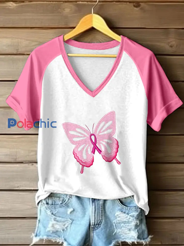 T-shirt contrasté brodé de papillon de conscience de cancer du sein des femmes Rose / S