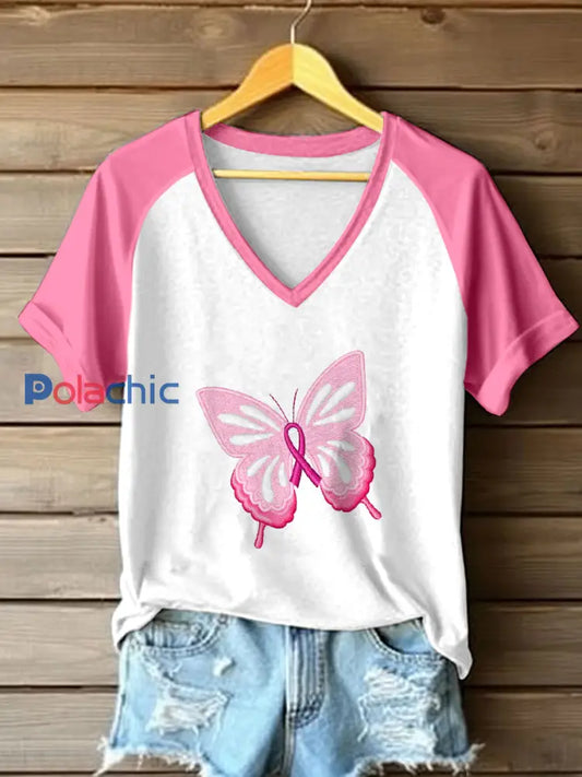 T-shirt contrasté brodé de papillon de conscience de cancer du sein des femmes Rose / S