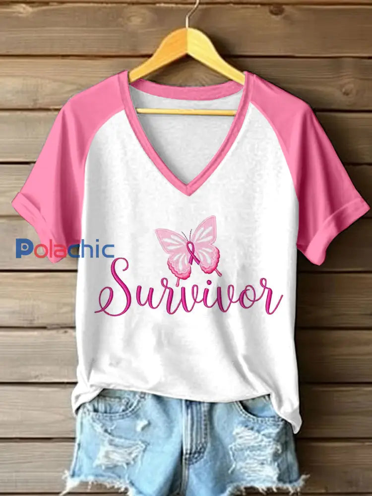 T-shirt contrasté brodé de papillon de conscience de cancer du sein des femmes Rose / S