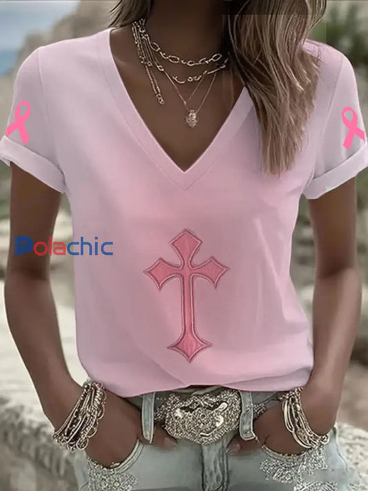 T shirt Cross de sensibilisation au cancer du sein pour femmes Rose / S