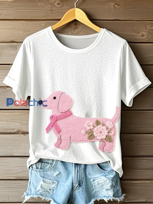 T shirt d’art de feutre de modèle mignon de teckel des femmes Blanc / S