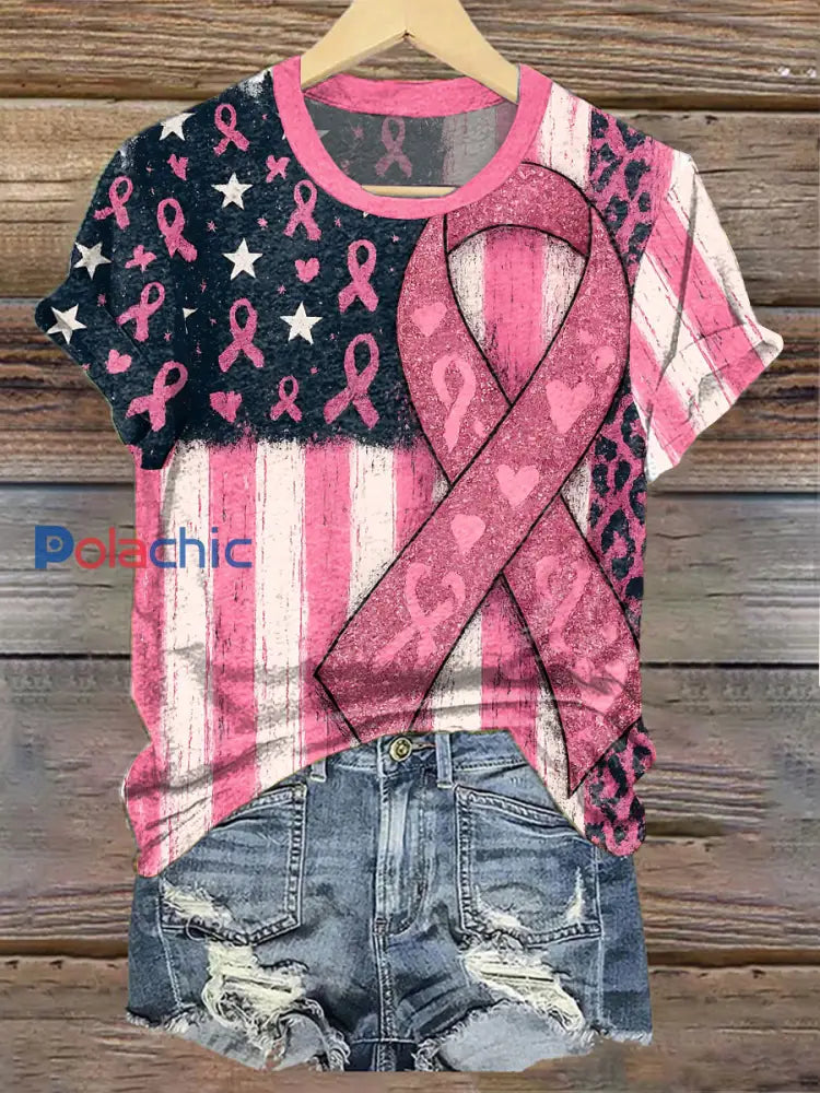 T-shirt de drapeau de ruban rose de conscience de cancer du sein des femmes Rose / S