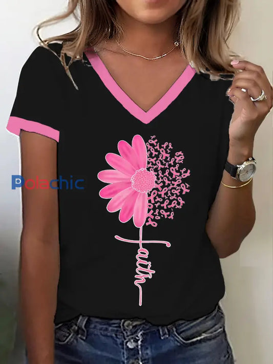 T-shirt de ruban rose de tournesol de foi de conscience de cancer du sein des femmes Noir-Rose / S