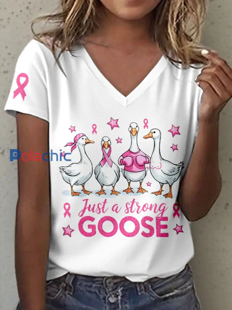 T-shirt de sensibilisation au cancer du sein imprimé Just A Strong Goose Femme Blanc / S