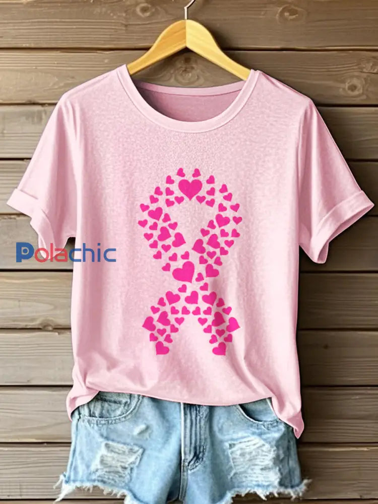 T-shirt de sensibilisation au cancer du sein imprimé ruban rose femme Rose / S
