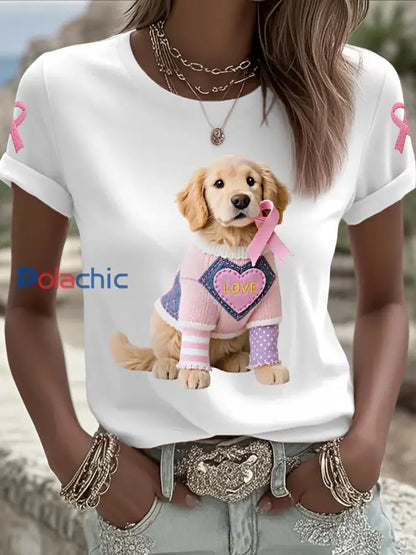 T shirt de soutien de sensibilisation au cancer du sein ruban rose chien rose femme Blanc / S